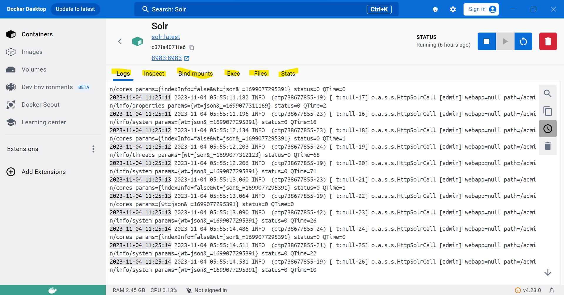 solr logs on docker desktop application